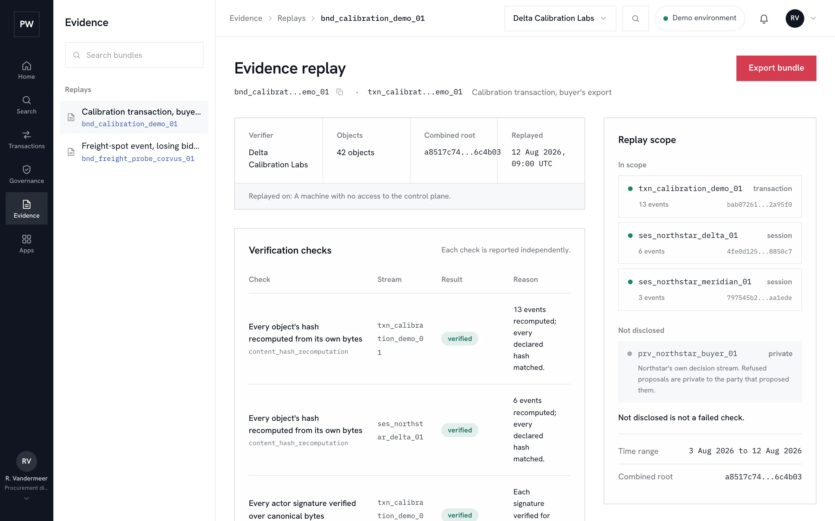 An evidence replay in the Plural Worlds console: the verifier, object count, combined root, and the independently reported verification checks.
