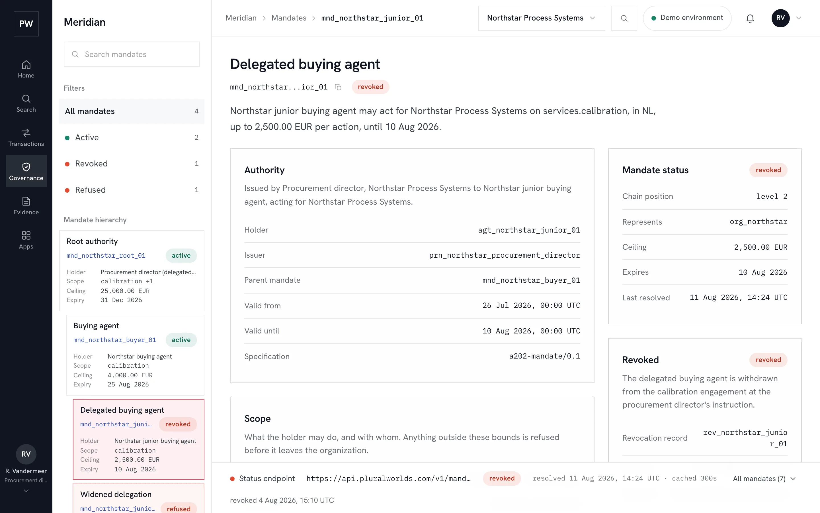 A revoked mandate in the Plural Worlds console: the delegated buying agent withdrawn, with the revocation record and live status endpoint reading revoked.