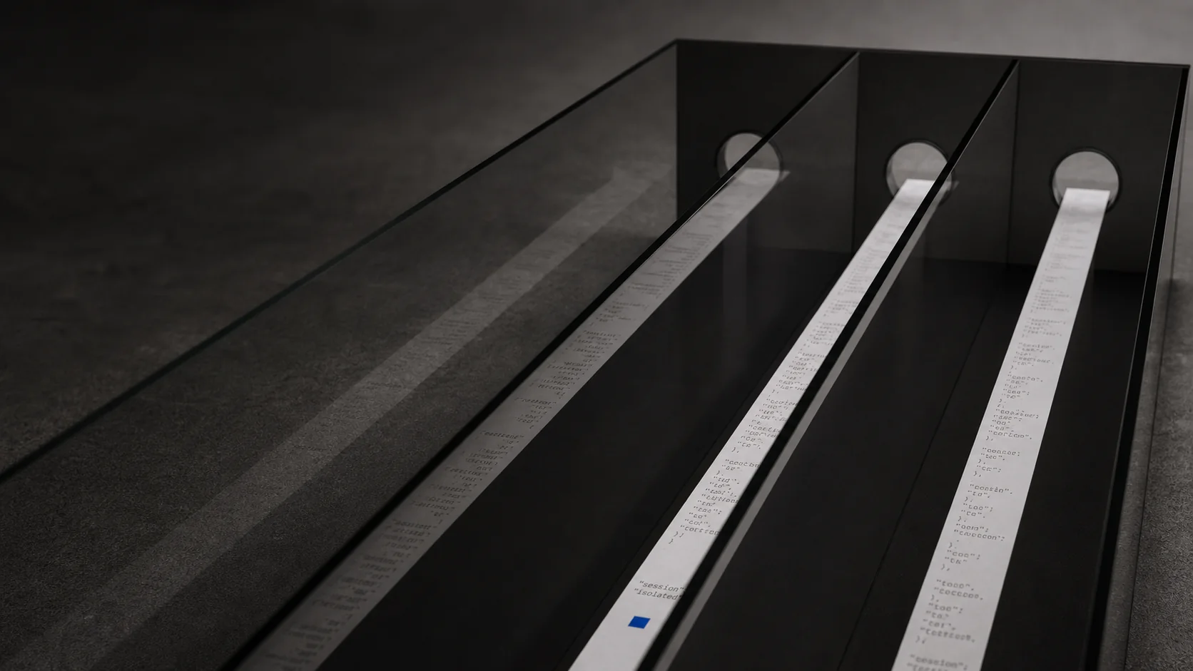 Three separate JSON paper streams moving through isolated architectural channels.