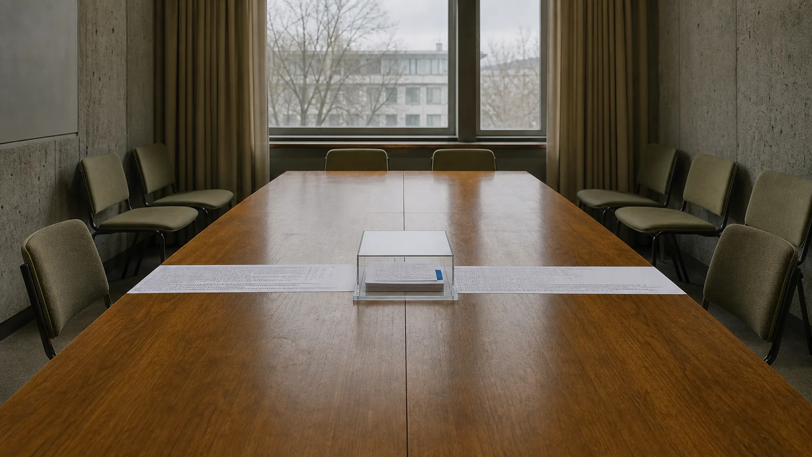 An empty meeting room where two structured records meet in one evidence case.