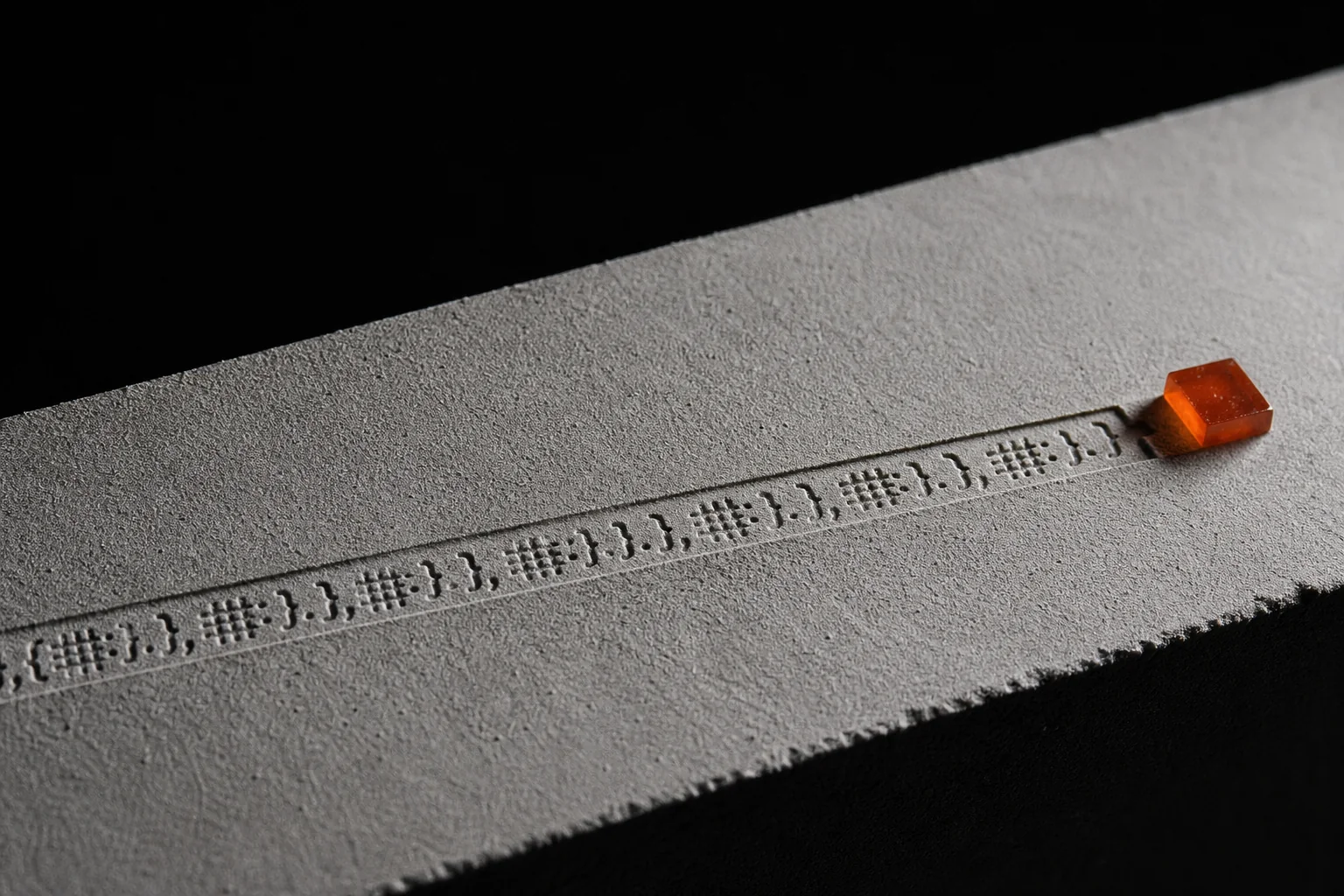 A JSON-like record impressed into pale mineral dust, ending at an orange marker.